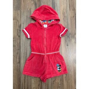 Disney Minnie Mouse Terry Romper Hooded Red Girls 5/6 Zip Up Cute